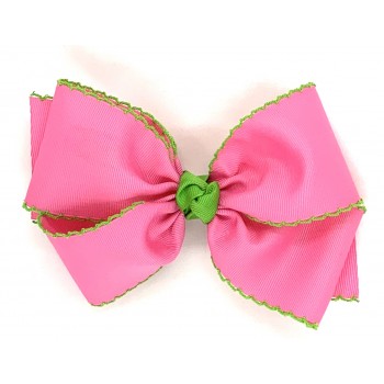 Pink (Hot Pink) / Apple Green Pico Stitch Bow - 6 Inch
